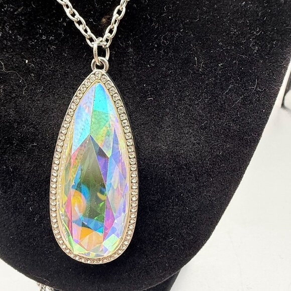 Large Iridescent Teardrop Pendant Necklace with Rhinestone Border - Picture 2 of 6